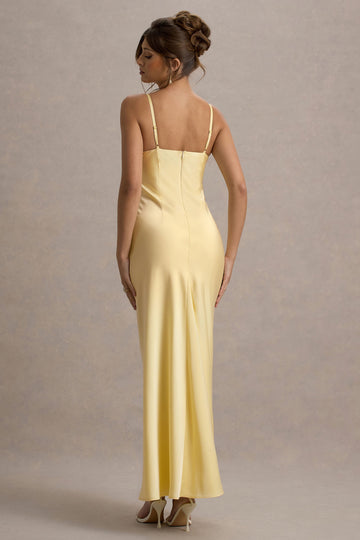 Eimear Lemon Satin Draped Sweetheart Maxi Dress